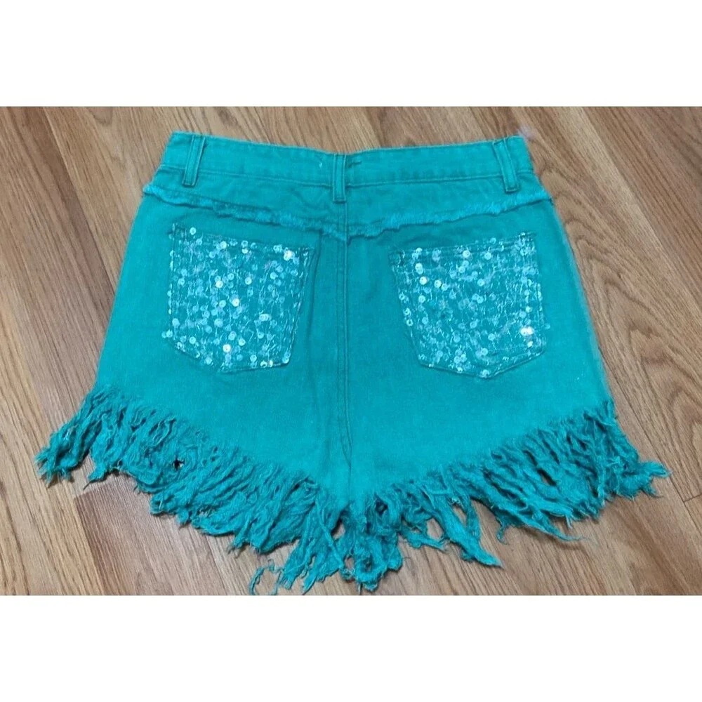 Pol shorts POL Jean shorts green jeans sequins sequined shorts fringe shorts NEW